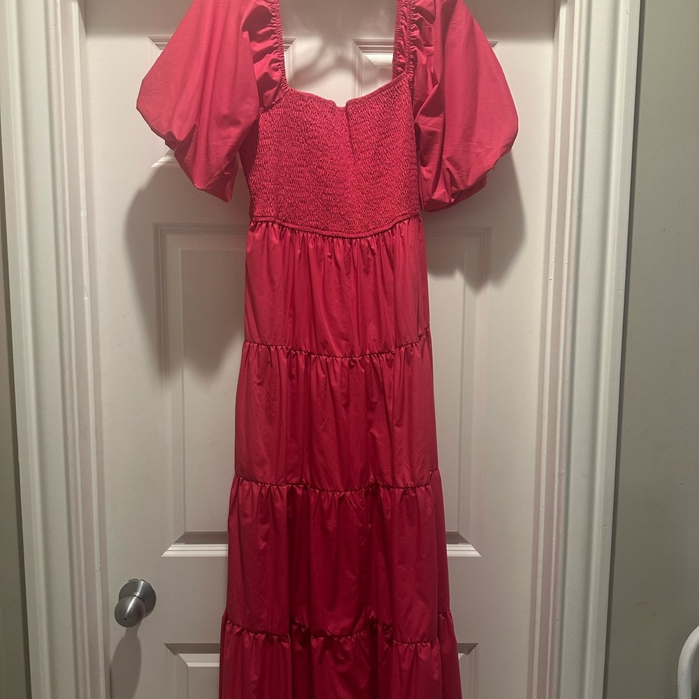 Entro Red Smocked Tiered Dress